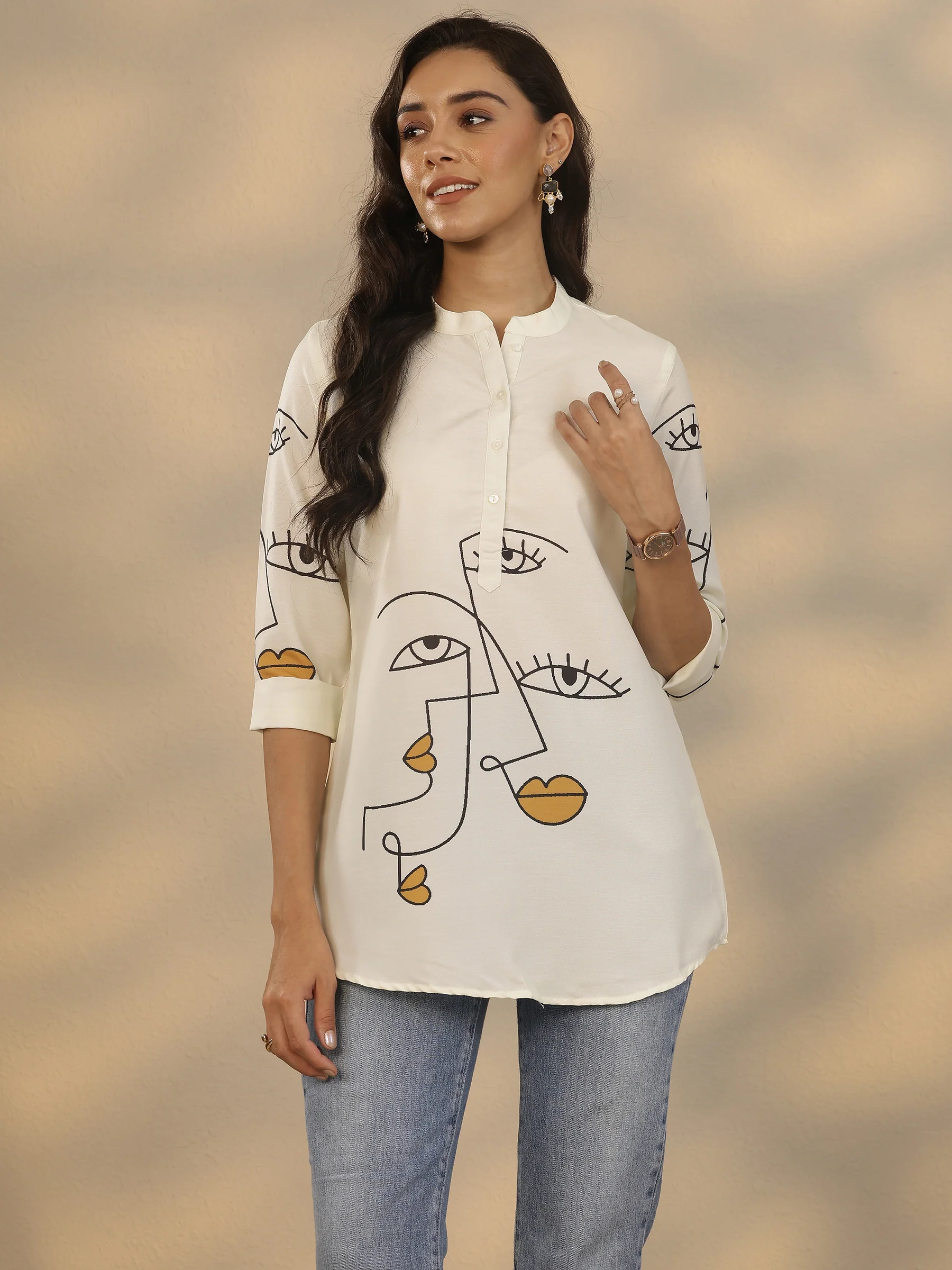 White Printed Rayon Short Kurti